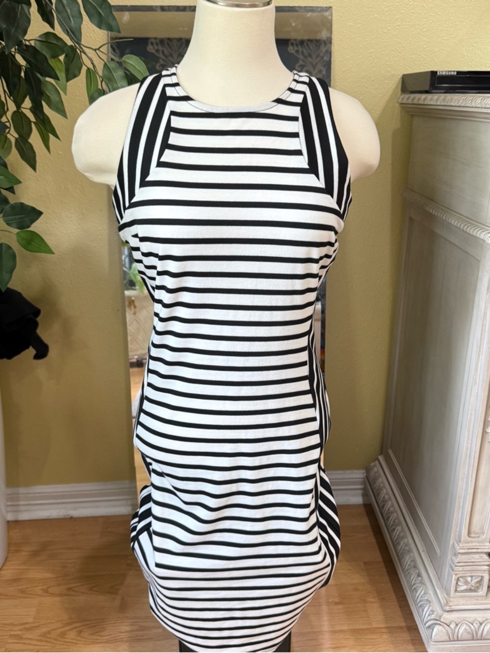Buffalo David Bitton Striped Bodycon Dress Black White Sleeveless NWT